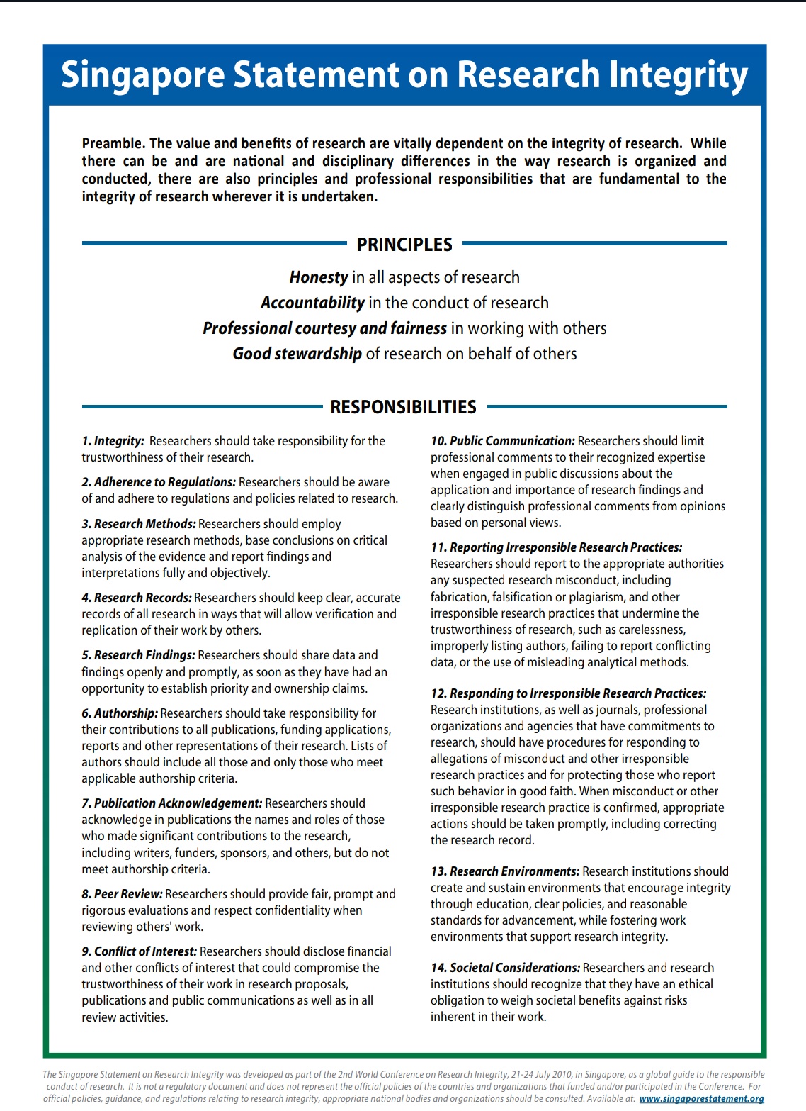 Singapore Statement on Research Integrity